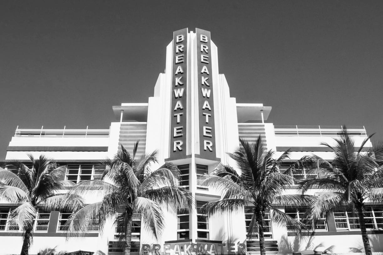 A black and white photo of the ocean water theatre.