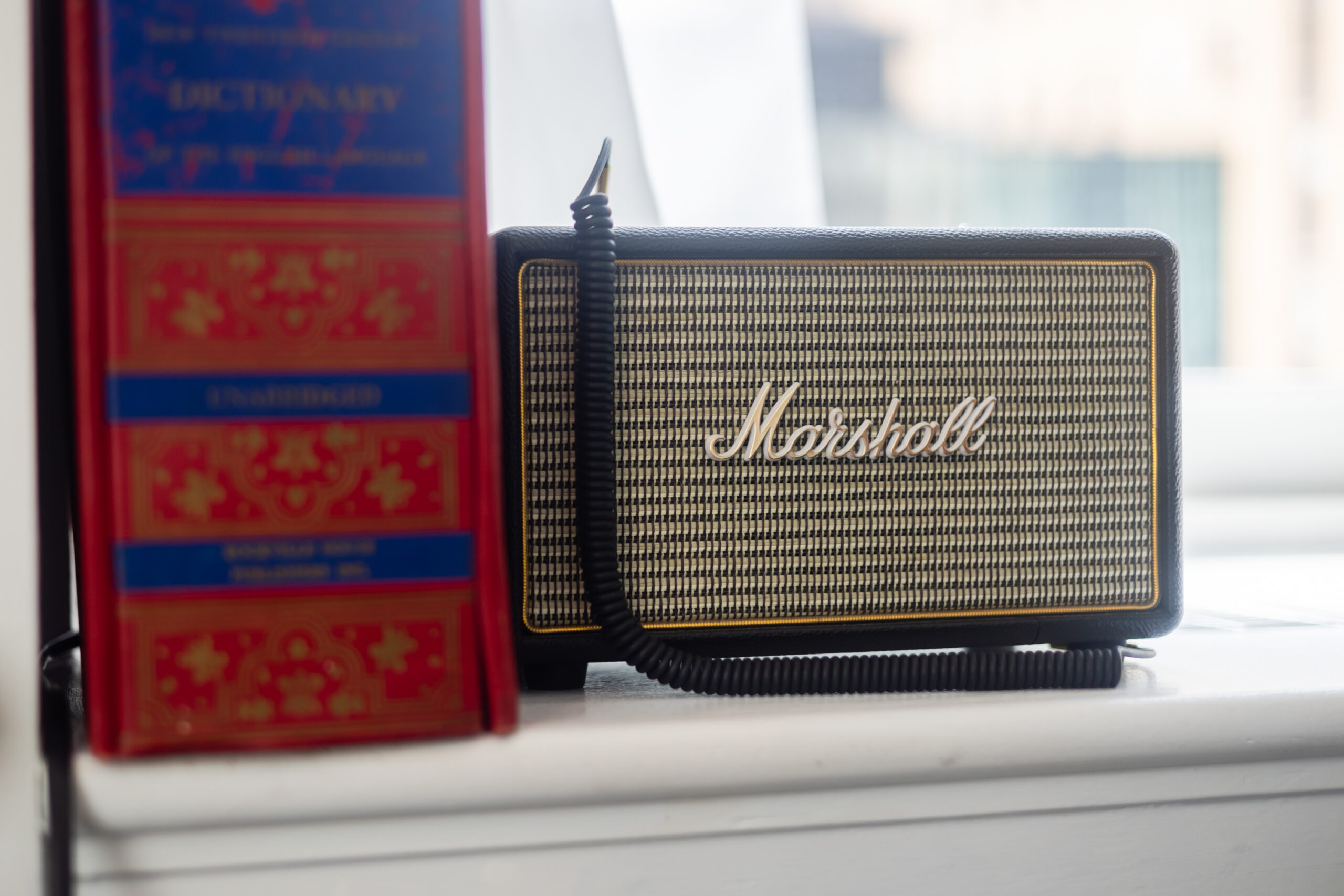 A close up of an old marshall radio
